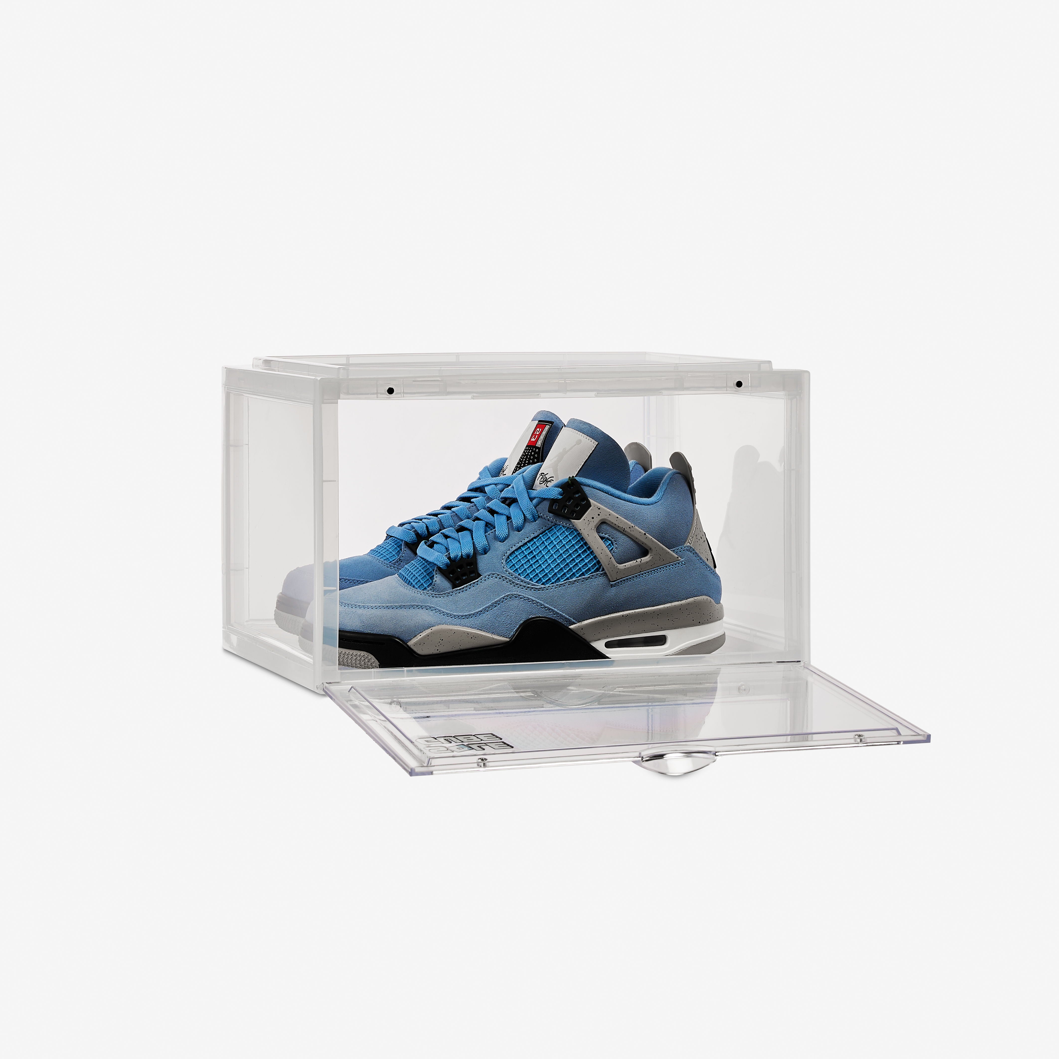 clear shoe storage box with drop side opening door