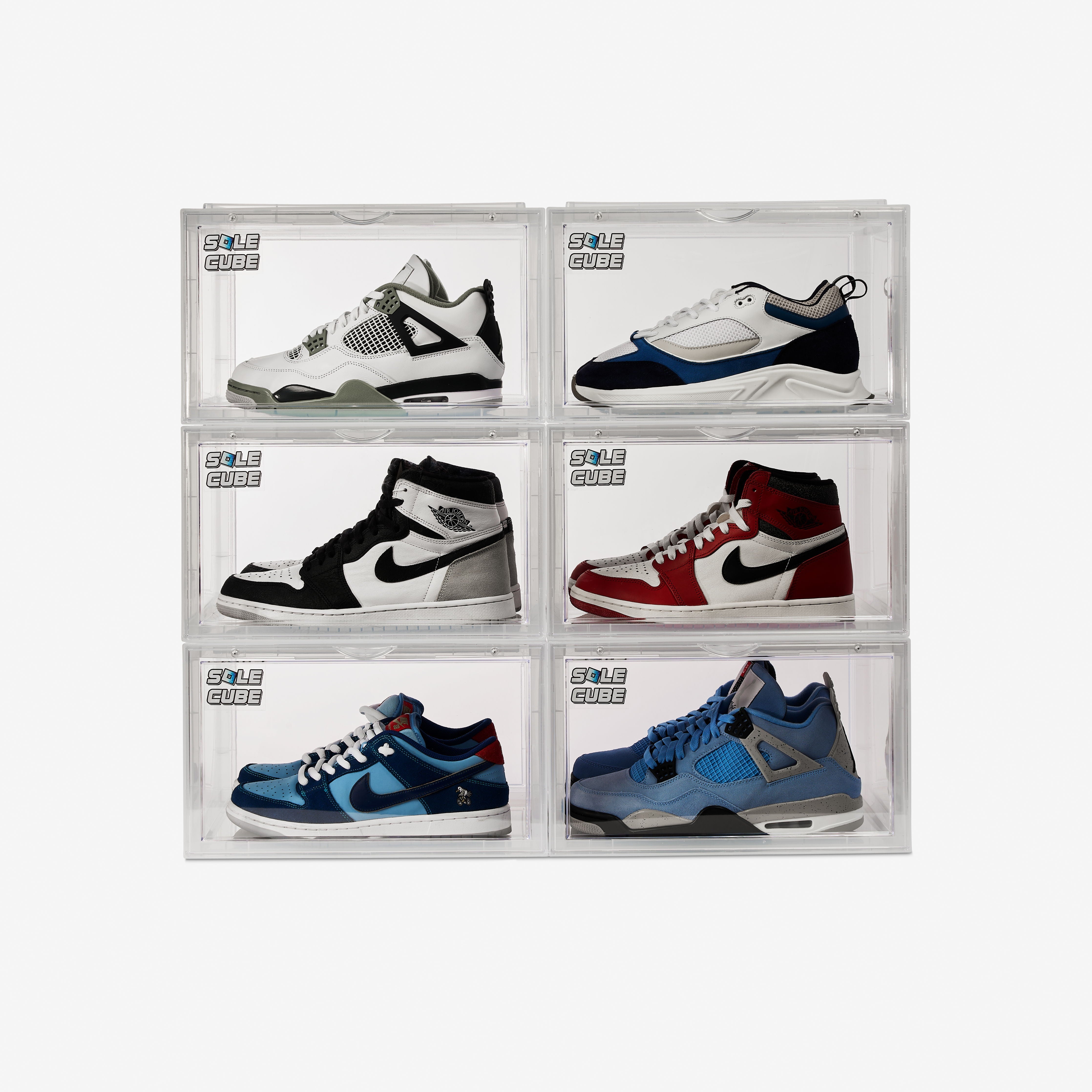 six clear stackable shoe display crates
